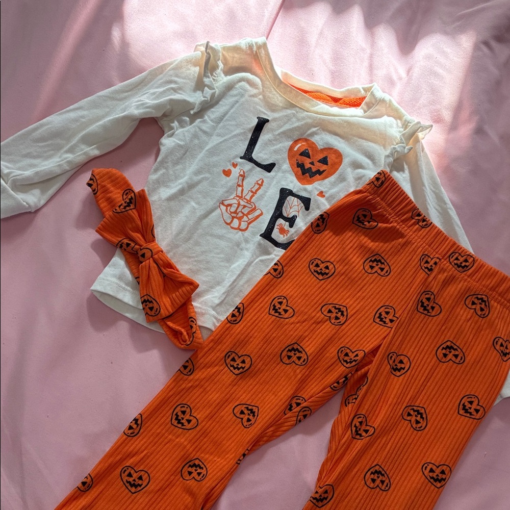 Halloween Themed Girls Outfit with Pumpkin Print